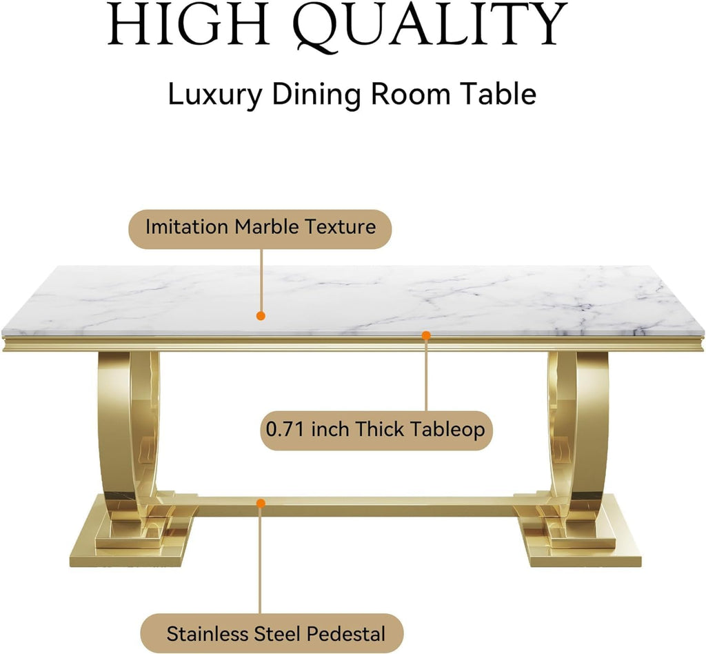 7 Piece Dining Table Set, White Faux Marble Dining Table with 6 Beige Velvet Dining Chairs, 68.11" Kitchen Table and Chair Set with Gold Stainless Steel Base, Luxury Dining Table Set for Kitchen