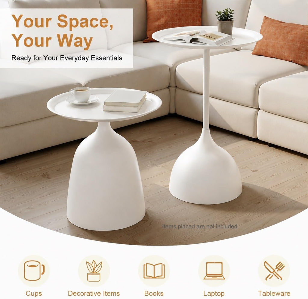 Nesting Side Tables Set of 2, White Iron Round Pedestal End Table | Metal Nesting Side Table Set, 15.75in Round Tray Top, Modern Sofa Table Accent Table for Living Room Bedroom Apartment