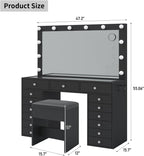FUSOU 15 Drawers Vanity Desk with Mirror and Lights, Black | 47'' Makeup Vanity with Charging Station, 3 Color Modes Adjustable Brightness, Glass Top Vanity with Stool for Bedroom