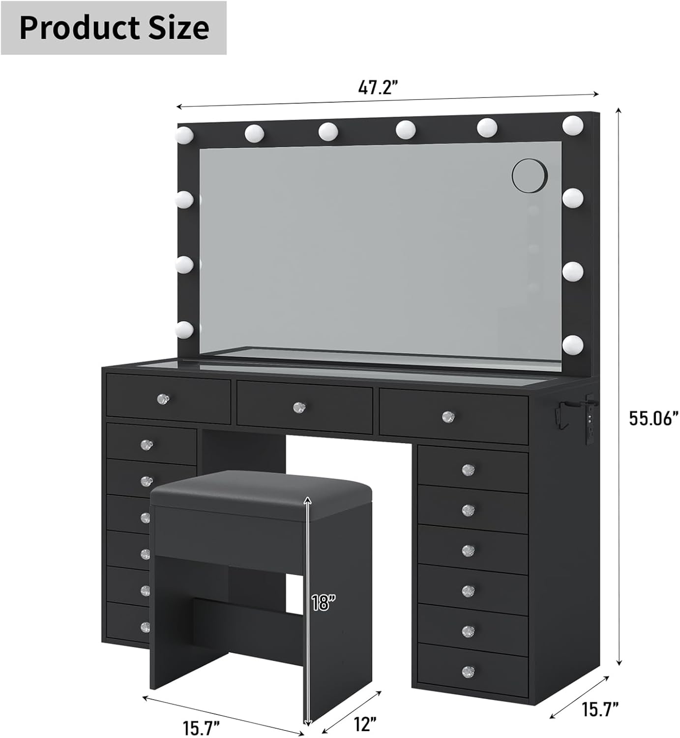 FUSOU 15 Drawers Vanity Desk with Mirror and Lights, Black | 47'' Makeup Vanity with Charging Station, 3 Color Modes Adjustable Brightness, Glass Top Vanity with Stool for Bedroom