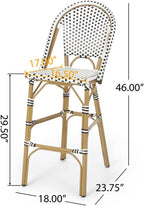 Saiveina 29.5" Outdoor PE Rattan French Barstool, White and Black, Aluminum Frame with Bamboo Finish (Set of 2)