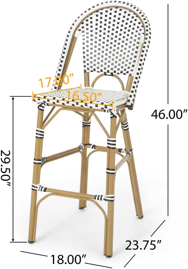 Saiveina 29.5" Outdoor PE Rattan French Barstool, White and Black, Aluminum Frame with Bamboo Finish (Set of 2)