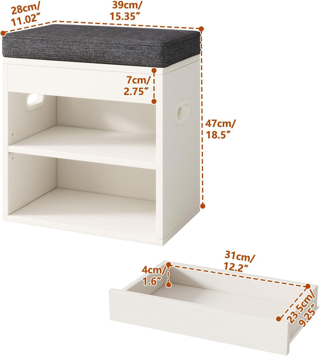 YMYNY Small Shoe Storage Bench with Cushion and Drawer, 2 Tier Adjustable Entryway Bench with Storage, Wooden Shoe Rack Bench for Entryway, Living Room, Hallway, Closet, Bedroom, White, HSC002W