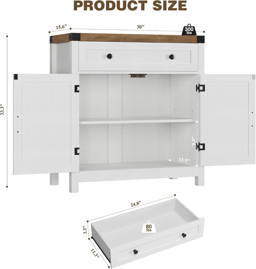 HOSTACK 31.5"W Kitchen Storage Cabinet, Farmhouse Coffee Bar Cabinet, White | Small Buffet Cabinet with Doors & Wide Drawer, Wood Sideboard Buffet, Entry Table w/ Adjustable Shelf for Dining Living Room