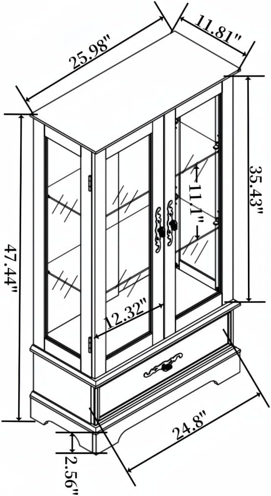 47" LED Glass Accent Curio Cabinet, 3-Tier Antique Storage Cage with Adjustable Shelves & Drawer, Acrylic Mirrored Pane, 7 Color Led Light, Small China Cabinet for Living Room/Kitchen (Oak - LED)