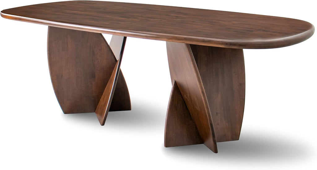 Furniture of America Nazaen XI Mid-Century Modern Solid Wood 82.6-inch Live Edge Oval Dining Table with Sculptural Double Pedestal Base for Home Kitchen, Dinette, Rich Walnut