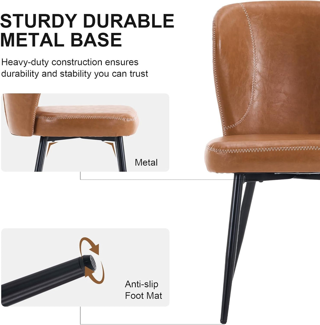 Dining Chairs Set of 2, Upholstered Synthetic Leather Kitchen Chairs, Mid-Century Modern Dining Room Chairs with Thick Cushion, Stitching Backrest and Metal Legs, Brown