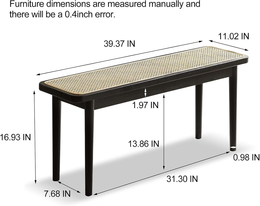 39 Inch Black Skinny Bench with Handwoven Rattan - Dining Bench, Solid Oak Frame for Kitchen, Restaurant, Entryway or Hallway
