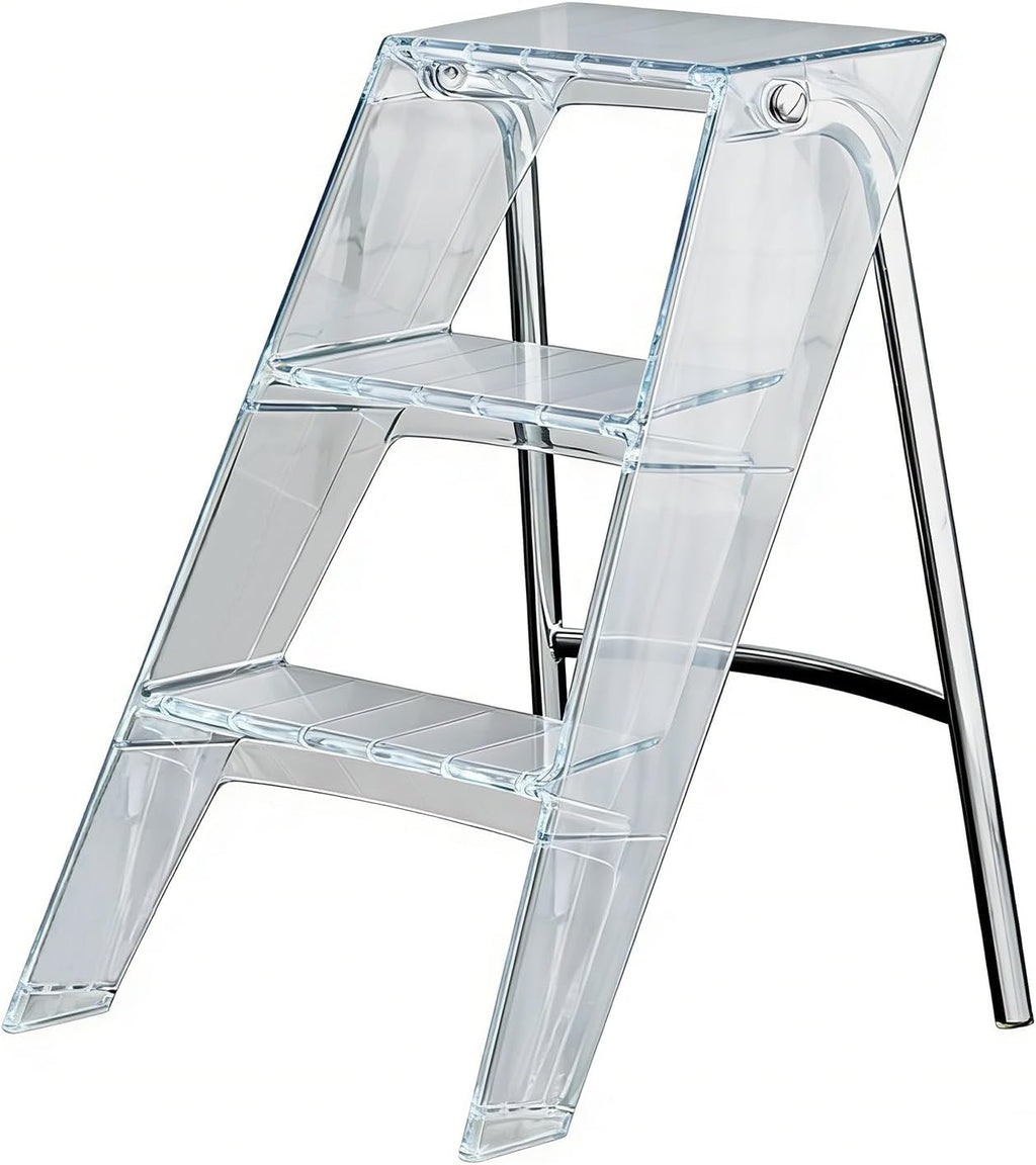 Transparent Acrylic 3-Step Folding Step Stool, 220 lbs Weight Capacity, Sleek Collapsible Step Ladder with Compact Design, Portable for Home, Kitchen, Bathroom and Closet