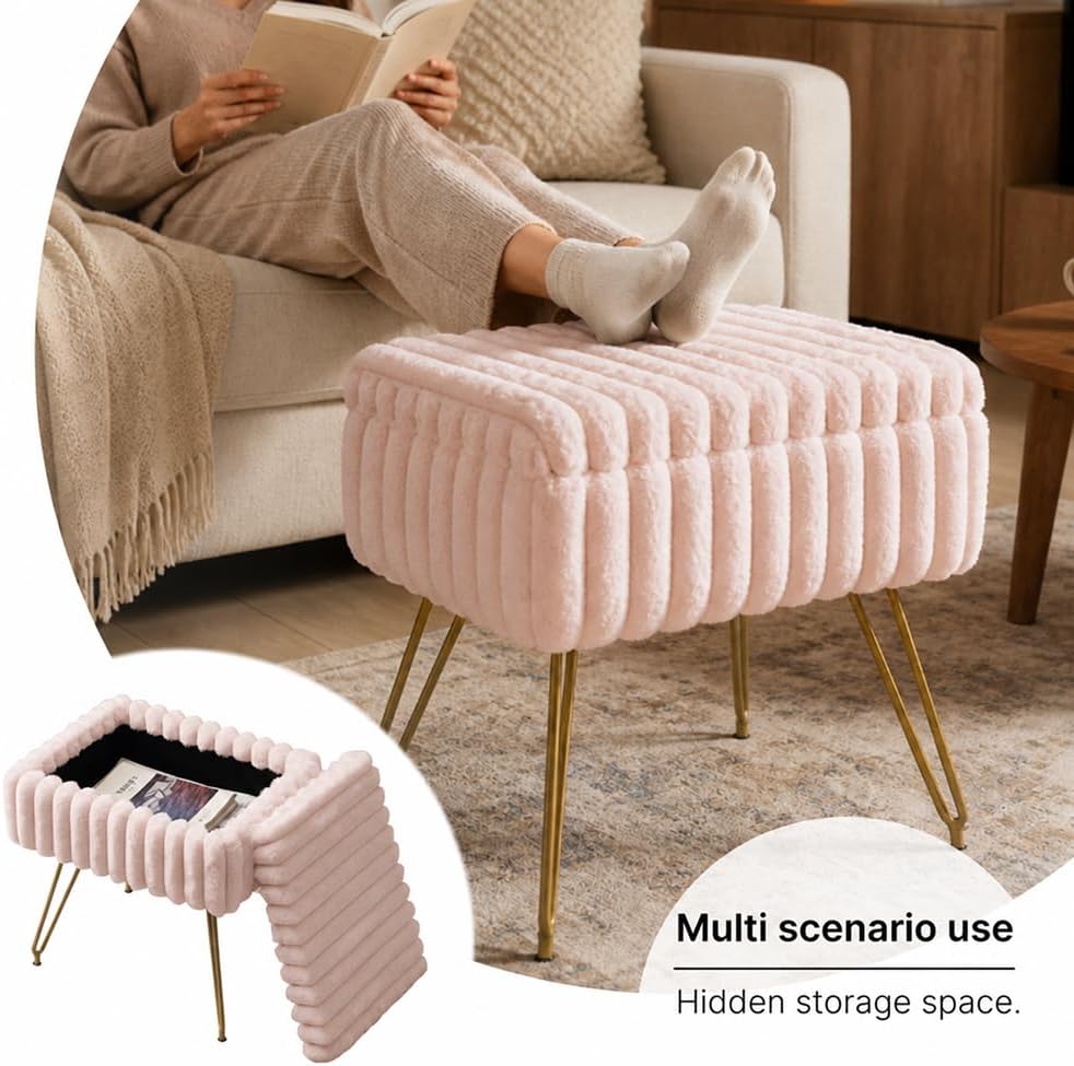 Faux Fur Storage Ottoman, Modern Soft Footstool, Storage Bench with Metal Legs, Vanity Seat, Fur Stool, Ottoman Coffee Table, Makeup Chair, Vanity Stools for Bedroom (Pink)