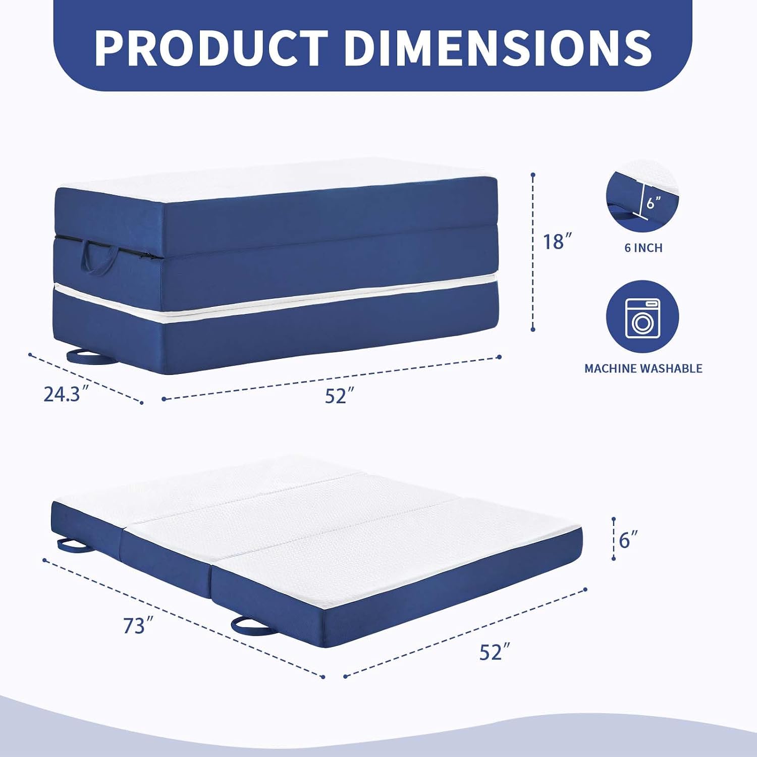 CYMULA Folding Mattress Full Size, Memory Foam 6 inch Tri Portable Trifold Mattress Futon Topper Full with Breathable & Washable Cover, Murphy Bed Guest Bed RV Trips,52"×73"×6"
