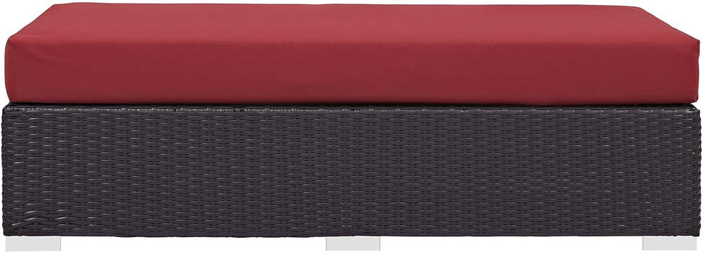 BOWERY HILL Rectangle Fabric Rattan Patio Ottoman, Espresso Finish with Red Cushions, Water and UV Resistant, Adjustable Height, Outdoor Patio Furniture for Backyard or Poolside Use