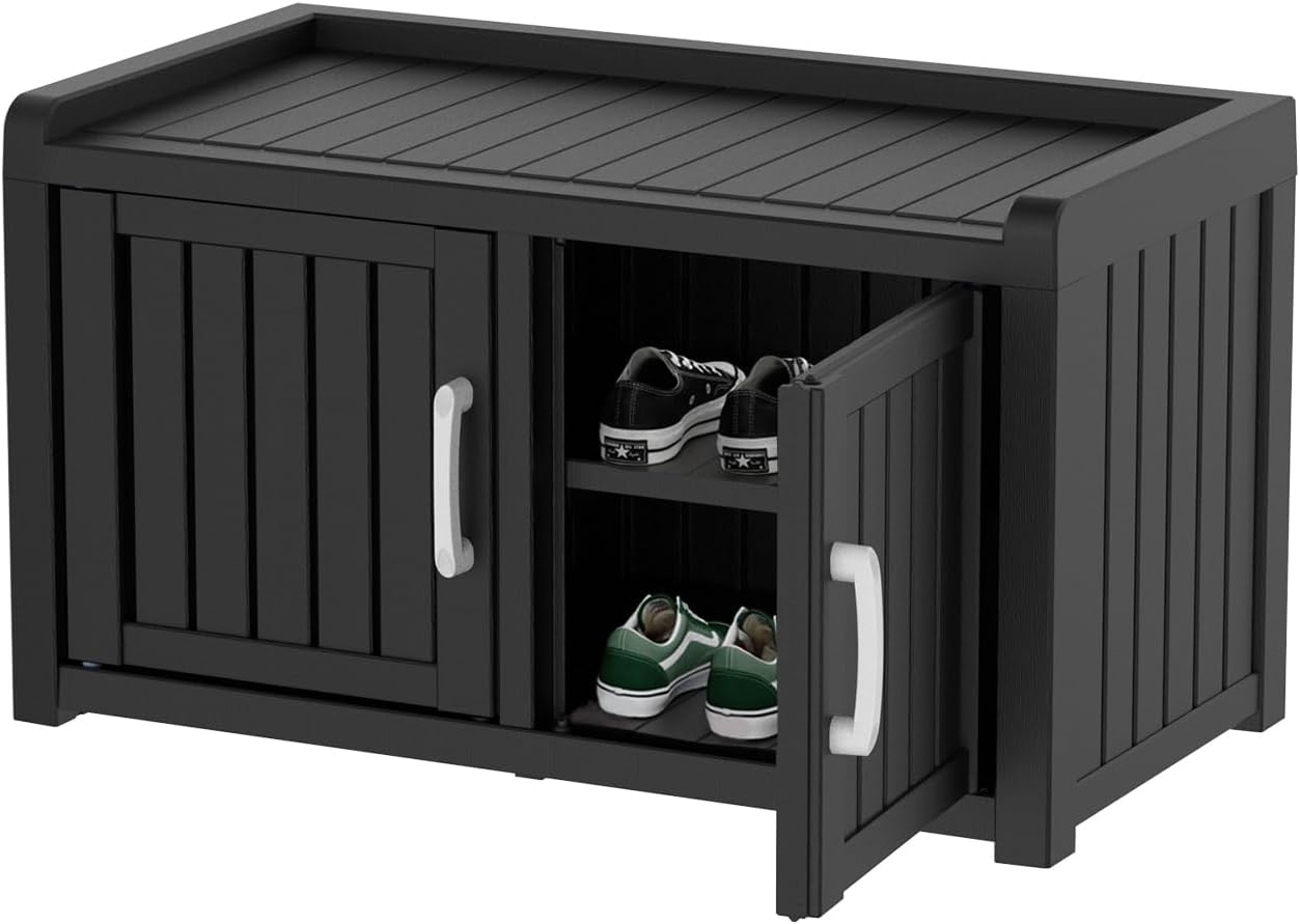 Waterproof UV-Resistant Outdoor Shoe Rack, 2-Tier Storage Cabinet Bench with 2 Doors & Adjustable Shelves, Indoor Outdoor Shoe Organizer for Entryway Hallway Living Room, Black