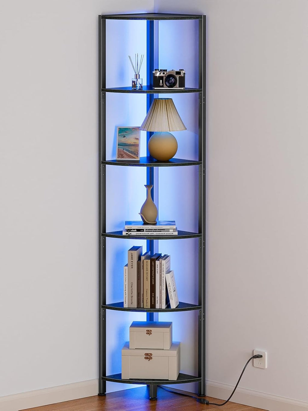 Furnulem 6 Tier Corner Shelf with LED Light, 67.5" Black Narrow Bookshelf | Tall Standing Shelf Organizer, Storage Rack for Wall Corner, Living Room, Bedroom, Metal Frame, Wood Display Shelf