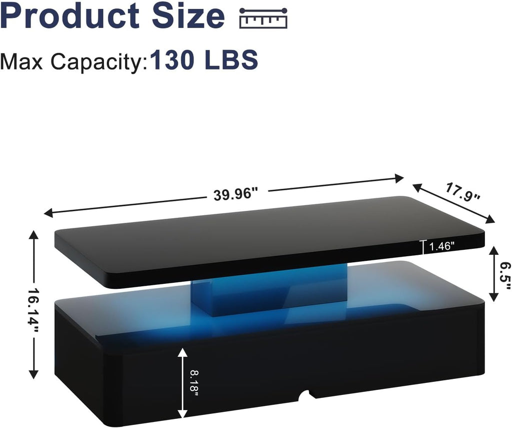 MXV Modern Coffee Table, 40 Inches Coffee Tables with 16 Colors LED Lights, 2 Tier Rectangular Center Table, Large Storage Space, High Glossy Wooden Tea Table for Living Room, Bedroom, Office, Black