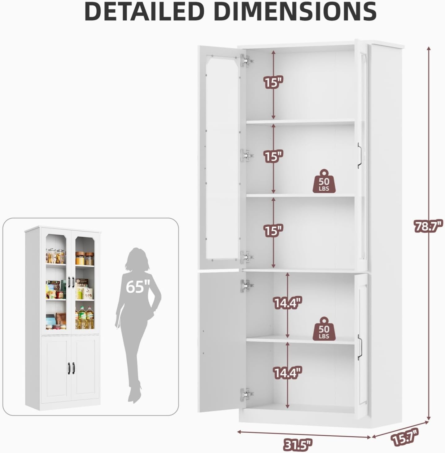White Kitchen Pantry Cabinet, 78.7" Tall China Cabinet with Glass Doors and Adjustable Shelves, Wooden Display Cabinet for Dining, Living Room, White (Large, 31.5" W)