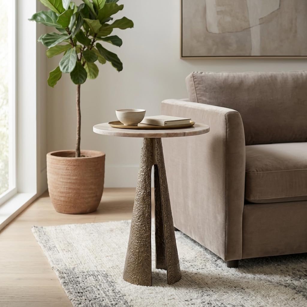 Luxury End Table, Side Table, or Night Stand for Home Decor - Metal Cone Pedestal Base with Antique Brass Marble Top for Small Spaces - Modern Glam Bedroom or Living Room Decor - 22" Bronze & Tan