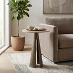 Luxury End Table, Side Table, or Night Stand for Home Decor - Metal Cone Pedestal Base with Antique Brass Marble Top for Small Spaces - Modern Glam Bedroom or Living Room Decor - 22" Bronze & Tan