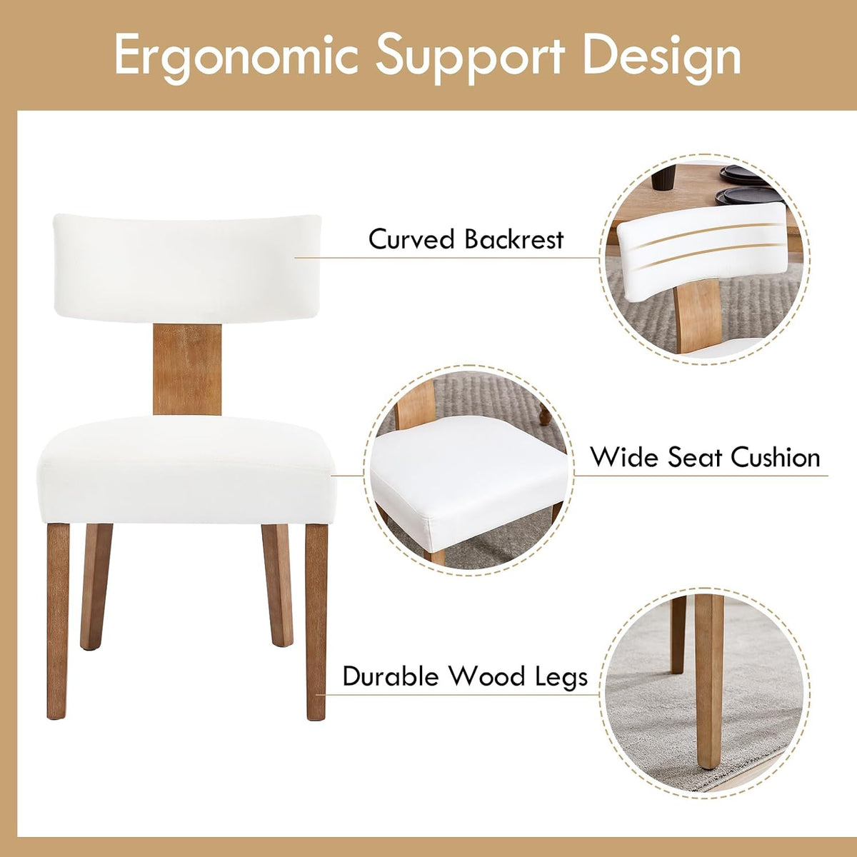 Mid Century Modern Dining Chairs Set of 4, Linen Fabric Upholstered Dining Chairs with Wood Legs, Farmhouse Kitchen Chair Armless, Comfy Side Chairs for Dining/Living Room/Kitchen, Cream