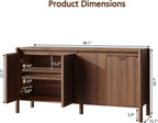 59" Wide Walnut Buffet Cabinet Storage,4 Doors and Adjustable Shelves,Solid Wood Round Legs,Wood Mid Century Sideboard for Kitchen,Living Room,Coffee Bar.