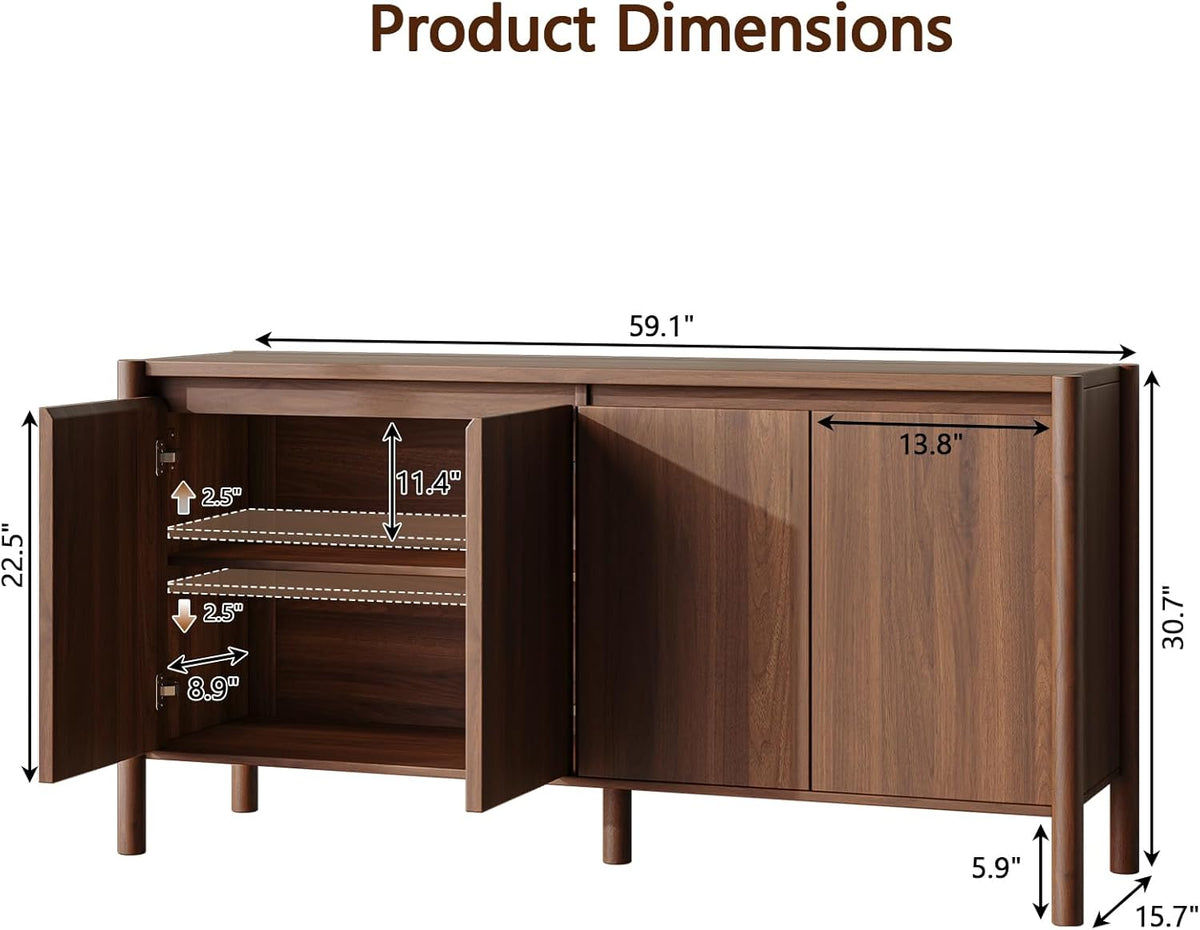 59" Wide Walnut Buffet Cabinet Storage,4 Doors and Adjustable Shelves,Solid Wood Round Legs,Wood Mid Century Sideboard for Kitchen,Living Room,Coffee Bar.