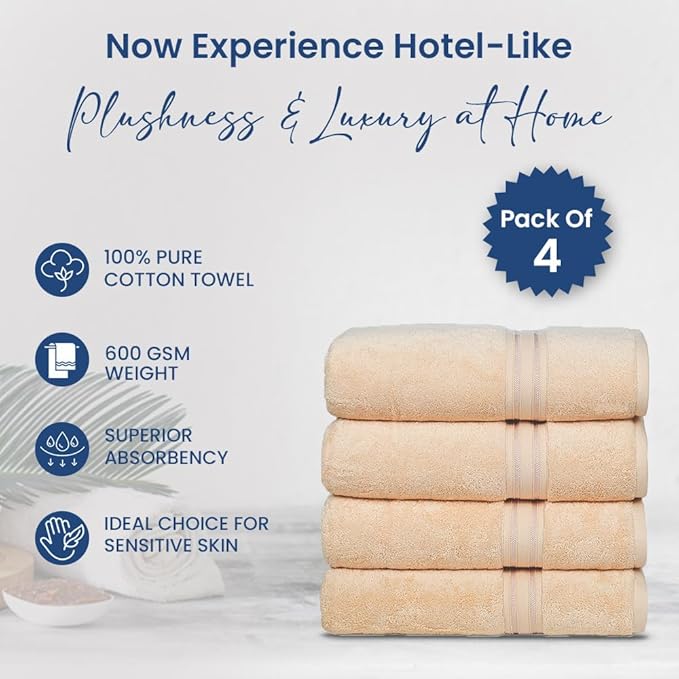 Casa Lino Set of 4 Luxury Linen Bath Towels Extra Large | 100% Soft Cotton 600 GSM Thick Absorbent Quick Dry Hotel Bathroom Towel for Home | 30"x60" | Linen
