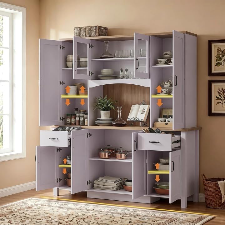 Timechee 78.7" Tall Farmhouse Kitchen Pantry Storage Cabinet, Kitchen Cupboard with Storage Drawers, Large Buffet Sideboard Cabinet with Doors and Adjustable Shelves for Dining Room, White & Oak