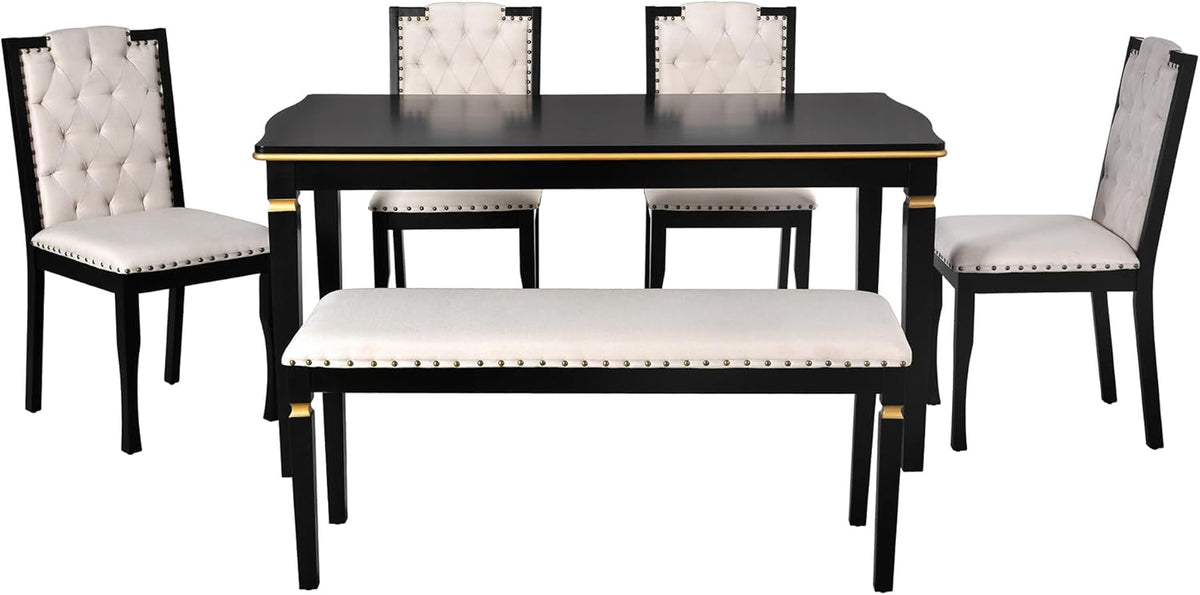 Merax 6-Piece Kitchen Dining Table Set, 60" Rectangular Table with 4 High-Back Tufted Upholstered Chairs & 1 Bench, Rubberwood Legs Modern Elegant Farmhouse for Kitchen Room, Black