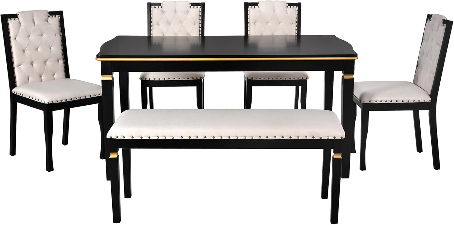 Harper & Bright Designs 6-Piece Kitchen Dining Table Chairs Set, 60" Rectangular Table and 4 High-Back Tufted Chairs & 1 Bench for Dining Room and Kitchen (Black)