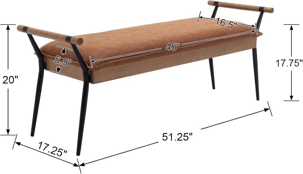 DUOMAY Modern Rectangle Ottoman Bench with Arms and Metal Legs, Mid Century PU Dining Table Bench Footstool Entryway Shoe Bench for Dining Room Bedroom Living Room, Brown