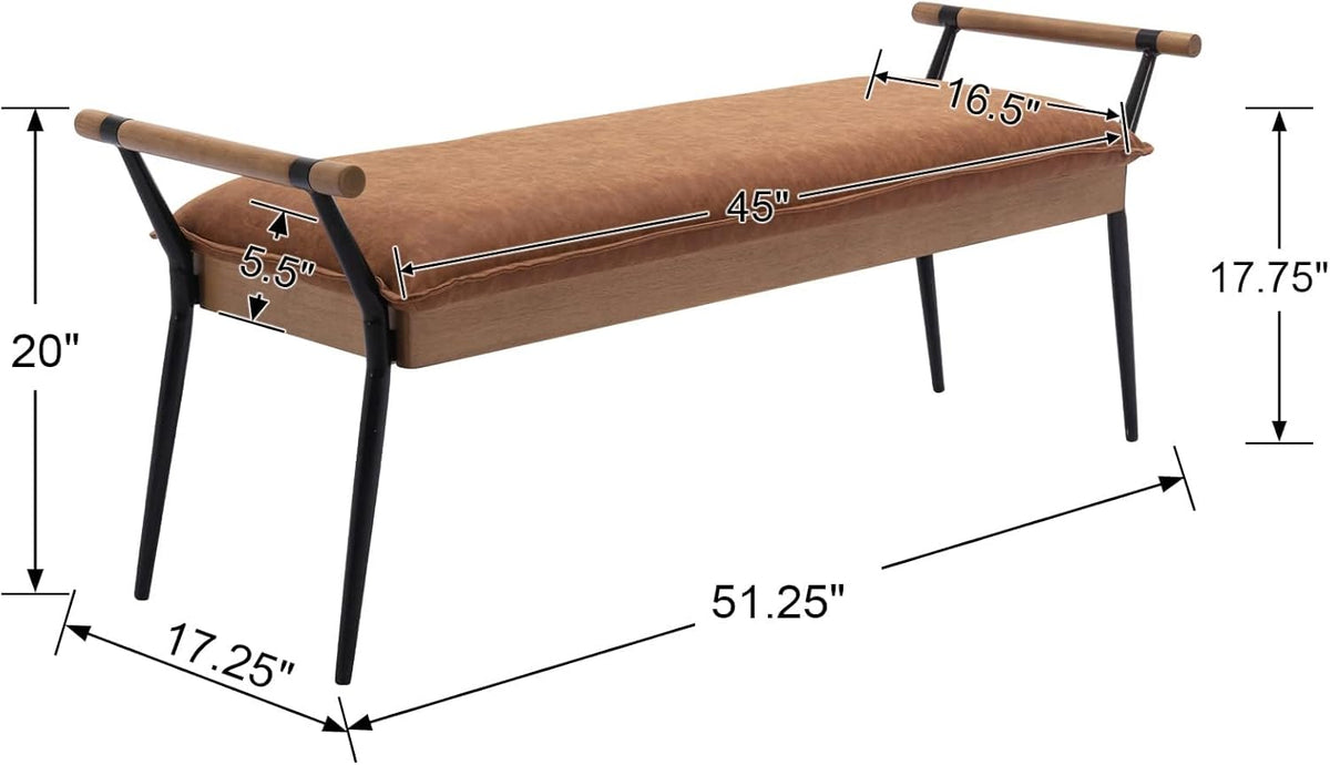 DUOMAY Modern Rectangle Ottoman Bench with Arms and Metal Legs, Mid Century PU Dining Table Bench Footstool Entryway Shoe Bench for Dining Room Bedroom Living Room, Brown