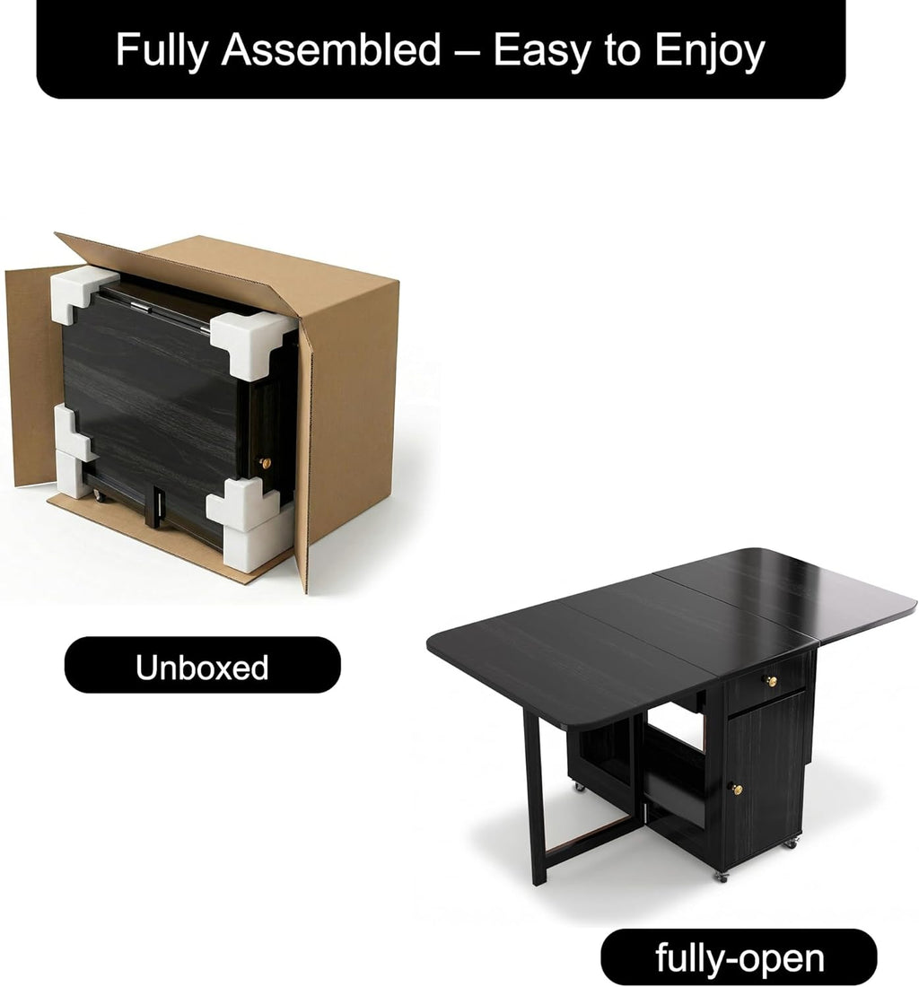 Folding Dining Table and Chairs - 51" Fully Assembled Drop Leaf Table 4-6 Seater with Storage and Lockable Wheels, Space-Saving Set with 4 Chairs for Kitchen or Dining Room (Black)