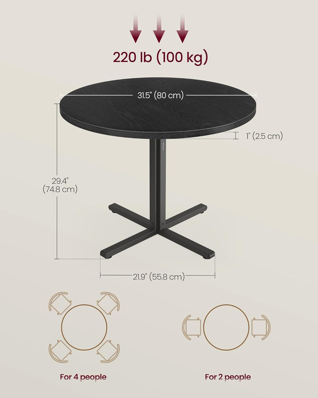 VASAGLE Dining Table, Small Round Kitchen Table for 4 People, 31.5 x 29.4 Inches, for Dining Room, Living Room, Modern, Water-Resistant, Ebony Black UKDT082B101S