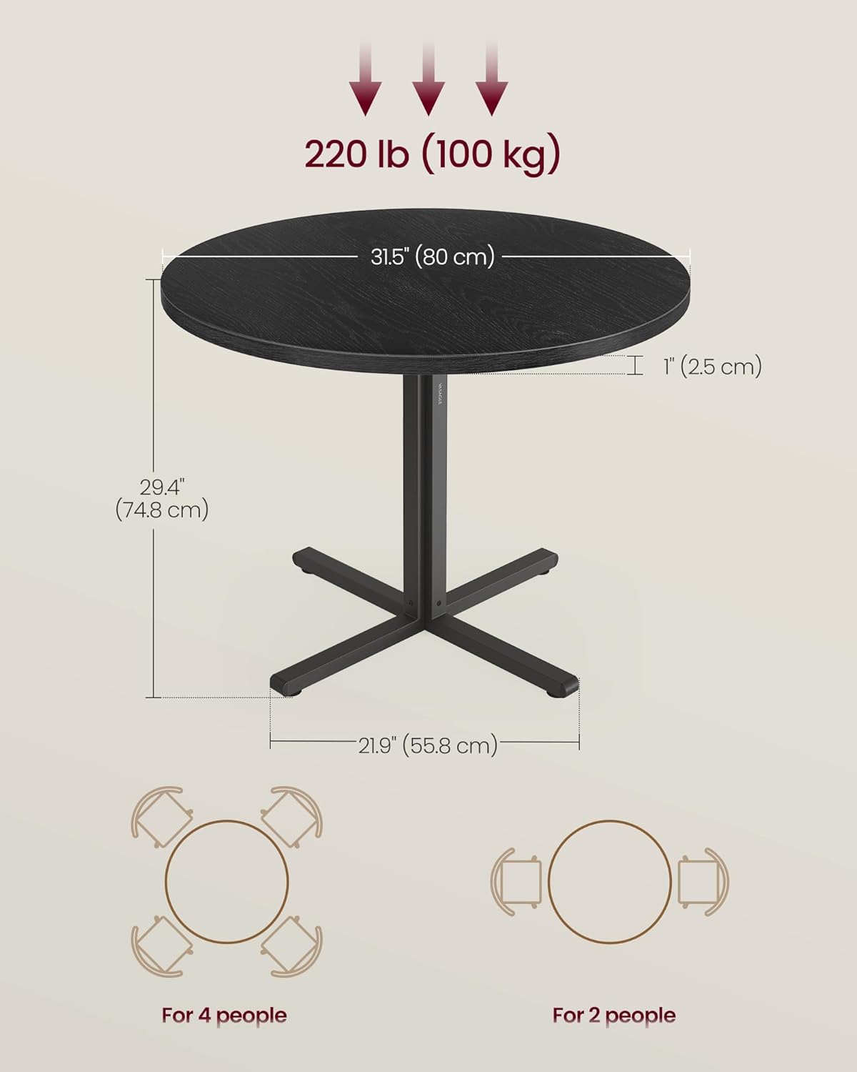 VASAGLE Dining Table, Small Round Kitchen Table for 4 People, 31.5 x 29.4 Inches, for Dining Room, Living Room, Modern, Water-Resistant, Ebony Black UKDT082B101S