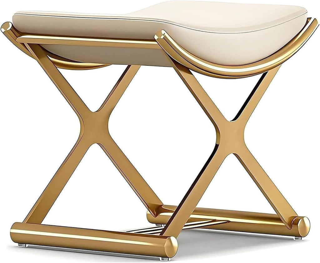 Vanity Stool Chair - Upholstered Makeup Stool with Leather Cushion - Modern Small Ottoman for Bedroom, Living Room, and Bathroom