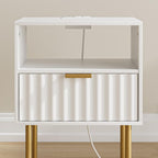 Masupu Nightstand with Charging Station,Mid-Century Modern Bedside Table with Storage Drawer and Open Wood Shelf,Small Gold Frame Side Table for Bedroom,Living Room (White Fluted)