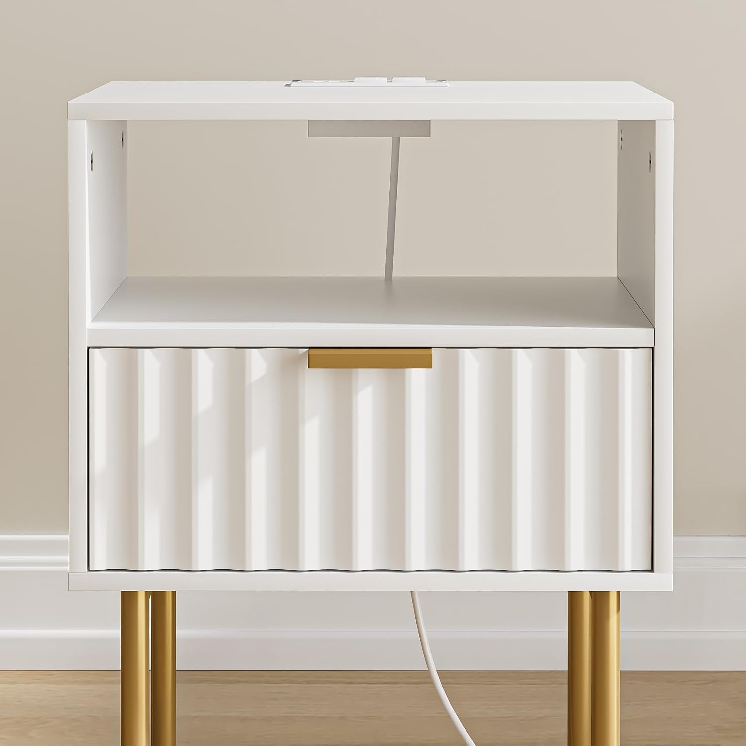 Masupu Nightstand with Charging Station,Mid-Century Modern Bedside Table with Storage Drawer and Open Wood Shelf,Small Gold Frame Side Table for Bedroom,Living Room (White Fluted)