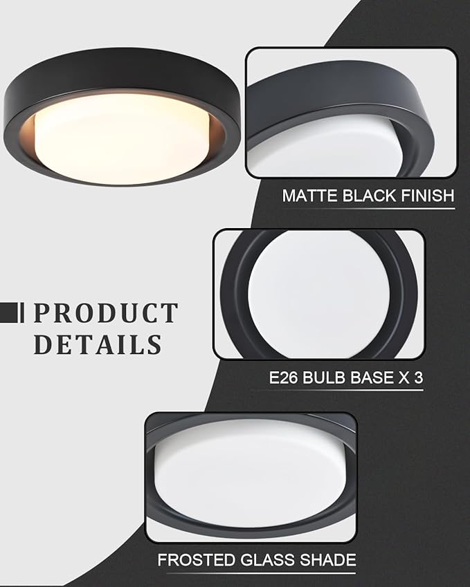 16 Inch Flush Mount Ceiling Light,3-Lights Black Finish with Frosted Glass Shade,Round Ceiling Light Fixture for Bedroom Livingroom Kitchen