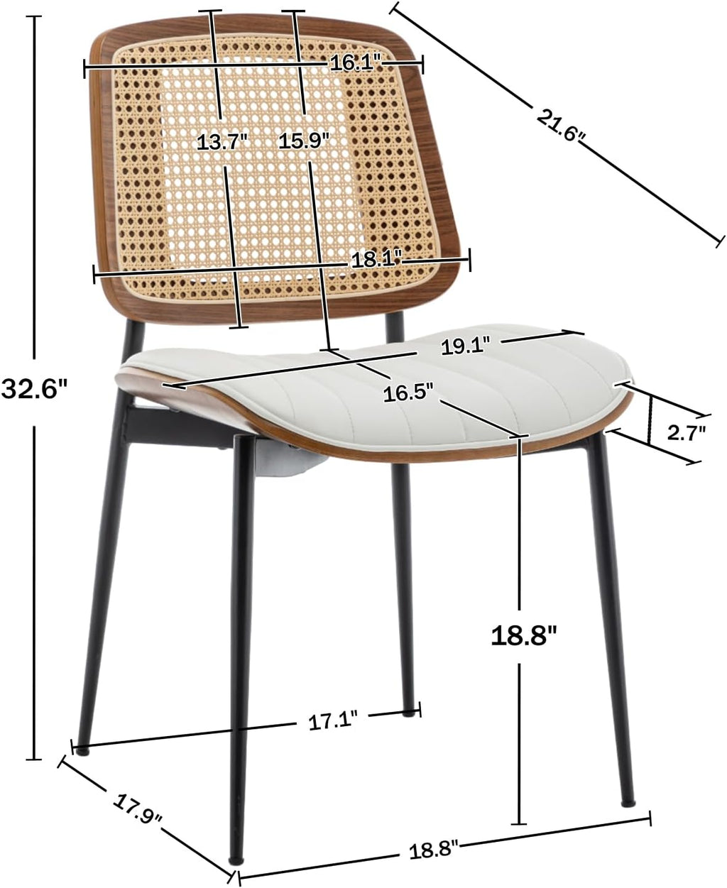 Rattan Dining Room Chairs Set of 2, Mid Century Modern Kitchen Ktichen Chairs,Faux Leather Walnut Wood Finish Side Chair, Metal Legs Desk Chair with Rattan Backrest,White