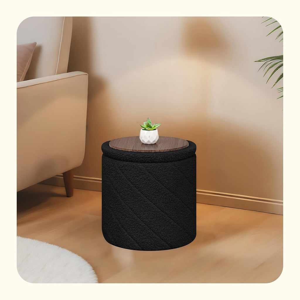 PINPLUS Ottoman with Stroage Round Boucle Ottoman and Tray Sherpa Removable Foot Stool Coffee Table for Dorm, Living Room Black, 13"x13"x13.7"