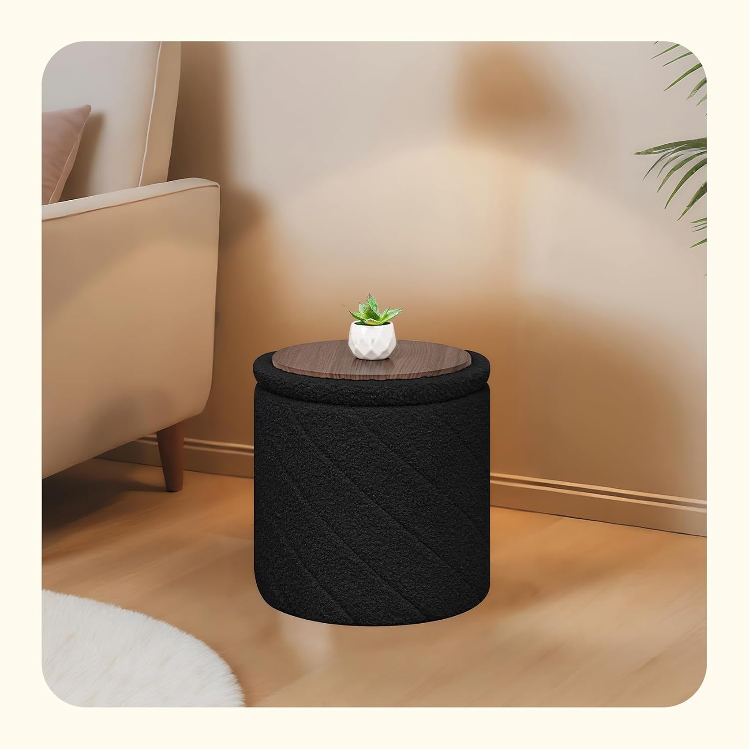 PINPLUS Ottoman with Stroage Round Boucle Ottoman and Tray Sherpa Removable Foot Stool Coffee Table for Dorm, Living Room Black, 13"x13"x13.7"