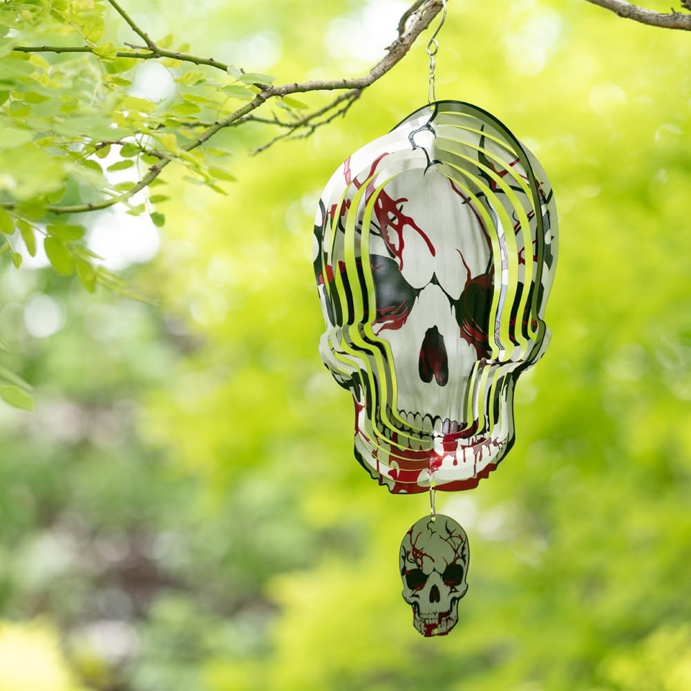 Skull Wind Spinner Halloween Decor 12inch Stainless Steel Garden Wind Spinner Outdoor 3D Kinetic Hanging Wind Sculptures Metal Yard Art Unique Gift Home Decorations