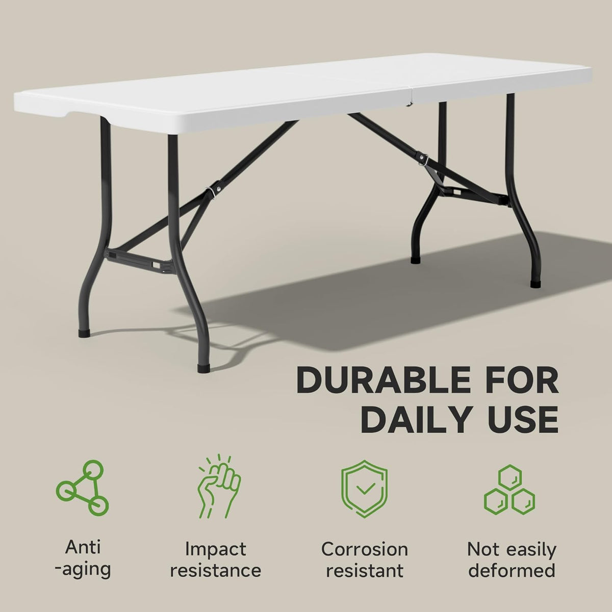 6 Foot Folding Table with Black Table Cloth - Heavy Duty 600LBS Capacity, Foldable Design with Safety Lock - Portable Folding Tables for Camping, Party, Indoor & Outdoor Use, 2 Pack