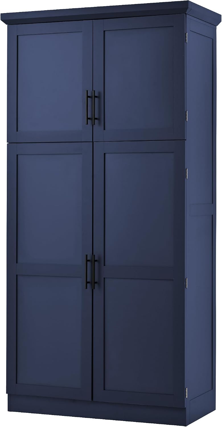 Freestanding Kitchen Pantry 35.5"x17.6"x70.9" Modern Pantry Cabinet with 4 Doors, 2 Door Shelves, 8 Pull-Out Trays and Adjustable Shelf Storage Cabinet Cupboard for Kitchen, Dining Room, Blue