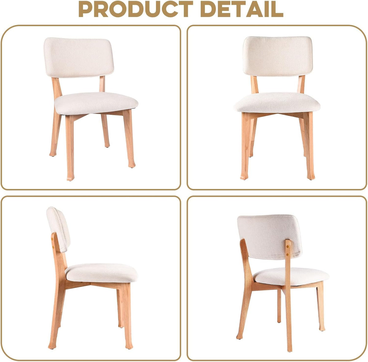 Wooden Dining Chairs Set of 4, Mid Century Modern Kitchen Chairs with Fabric Upholstered and Curved Backrest for Dining Room, Restaurant/Cafe, 300LBS Capacity, Natural
