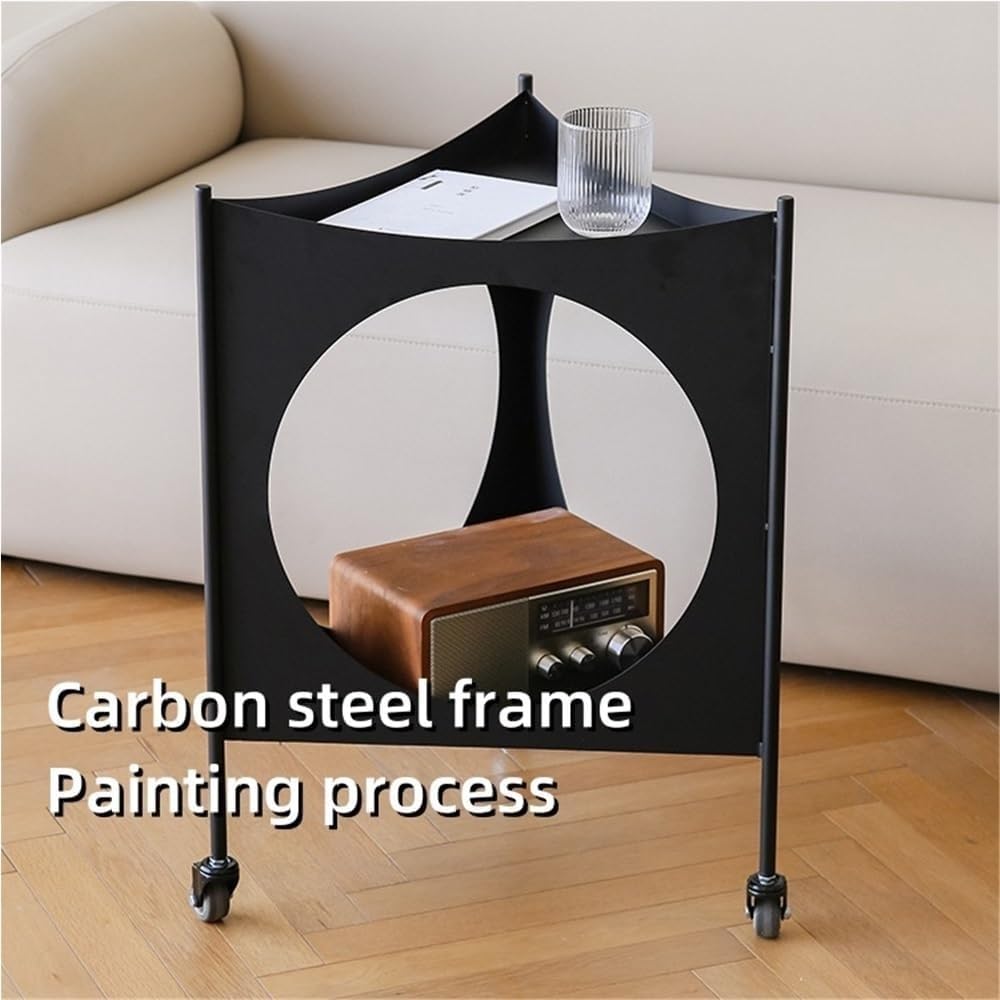 Metal Triangle Side Table with Wheels Movable 2-Tier End Table Modern Coffee Table & Corner Storage Table for Living Room Practical