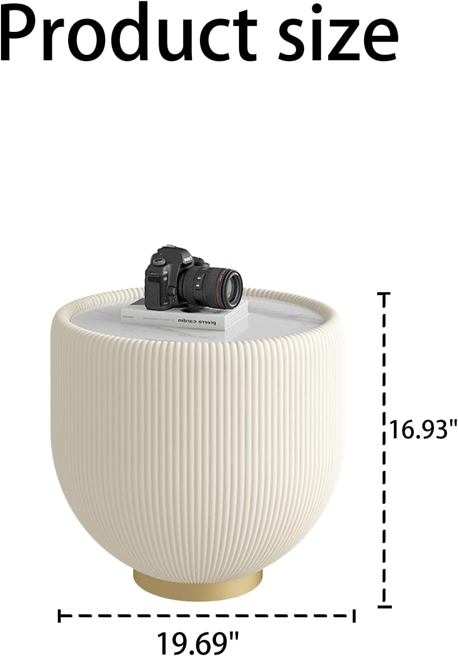 Modern Round End Table, Elegant Bowl Shaped Accent Sofa Side Table with Sintered Stone Tabletop & Pleated Leatherette Details, Small Round End Tables for Living Room Bedroom Apartment Office, White
