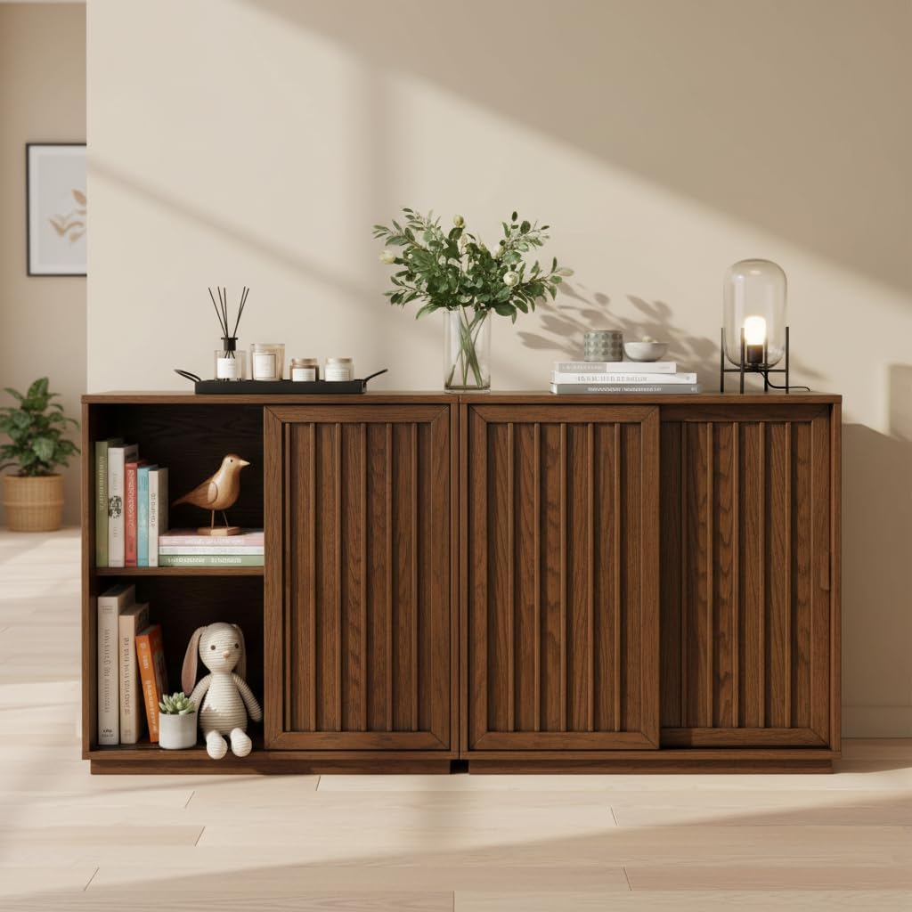 Mid Century Modern Sideboard Cabinet | Slim Fluted Credenza with Sliding Doors | Narrow Storage Buffet Console Table for Small Spaces, Living Room, Entryway, Kitchen (Walnut, 32")