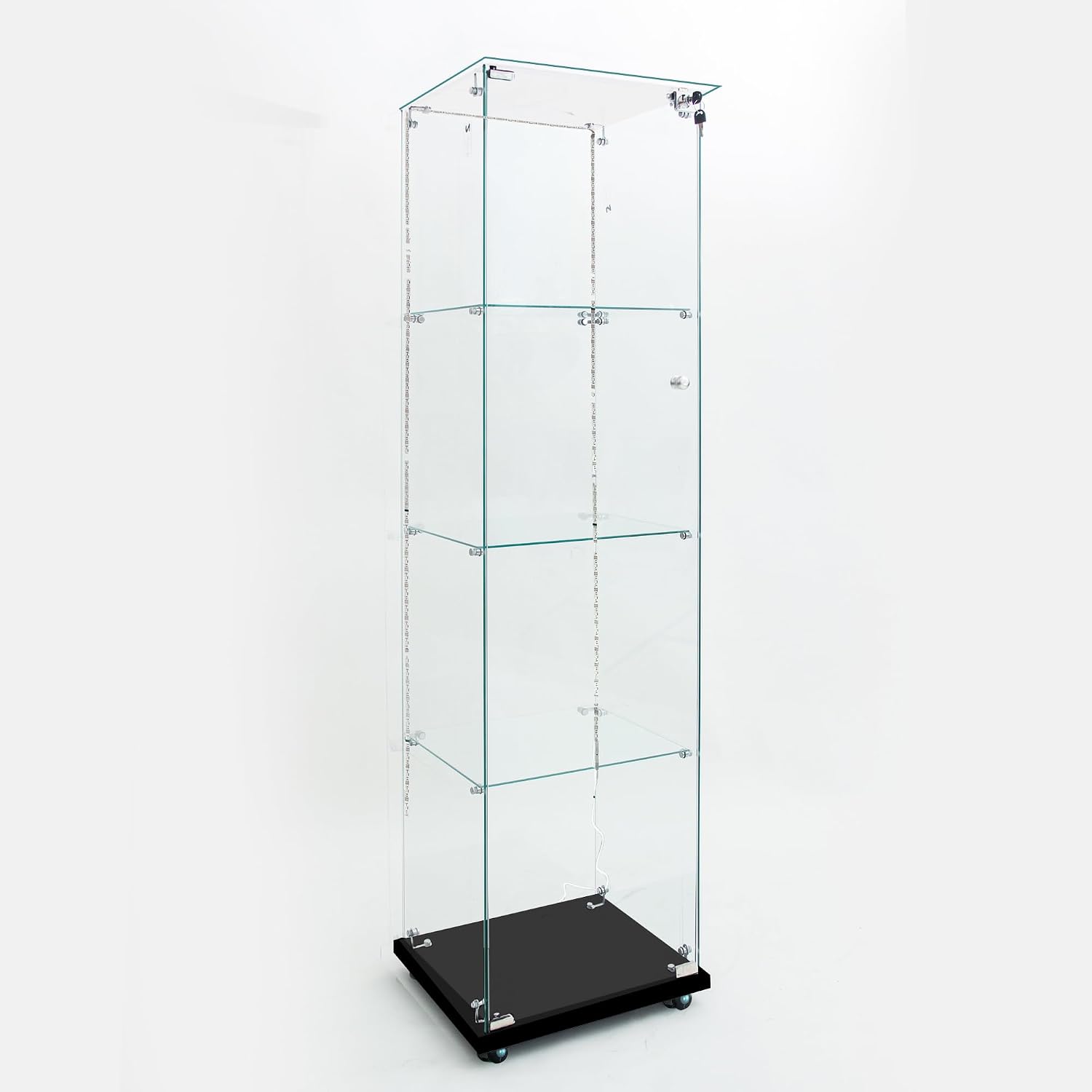 4-Shelf Glass Display Cabinet with LED Lights Strip and Lock, Curio Cabinets Display Case with Casters and 1 Door, Tempered Glass Display Showcase for Living Room,Exhibition Hall - Black