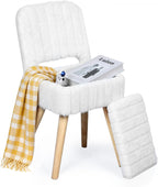 Vanity Stool with Storage & Folding Backrest,Faux Rabbit Fur Small Makeup Chair with 4 Solid Wood Legs,11.4" D x 14.9" W x 28.7" H,Soft Ottoman for Living Room,Bedroom,Closet,White